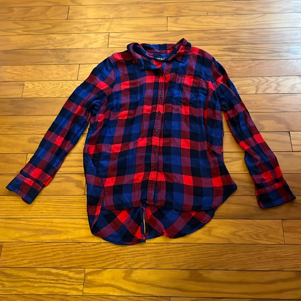 Lucky Brand Shirt Womens Large Red Blue Plaid Button Up Long Sleeve